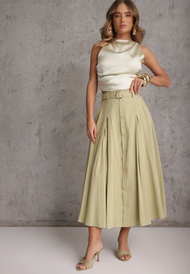 Renee - Zielona Rozkloszowana Spódnica z Kieszonkami i Paskiem z Klamrą Qualea. Okazja: na co dzień. Kolor: zielony. Materiał: wiskoza, bawełna, materiał. Styl: casual, elegancki