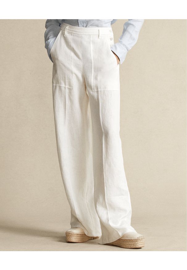 Ralph Lauren - RALPH LAUREN - Lniane spodnie z guzikami. Kolor: biały. Materiał: len