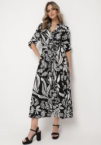 Born2be - Czarno-Biała Koszulowa Sukienka z Roślinnym Wzorem z Wiązanym Paskiem Rosallen. Kolor: czarny. Wzór: aplikacja. Typ sukienki: koszulowe. Długość: maxi #1