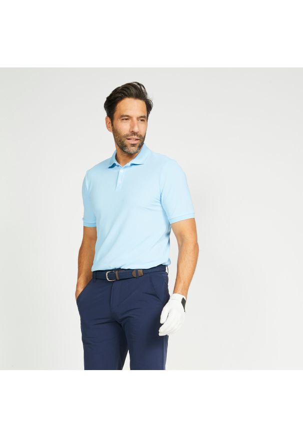 INESIS - Koszulka polo do golfa z krótkim rękawem męska Inesis WW500. Typ kołnierza: golf, polo. Kolor: niebieski. Materiał: materiał, poliester. Długość rękawa: krótki rękaw. Długość: krótkie. Wzór: ze splotem. Styl: sportowy