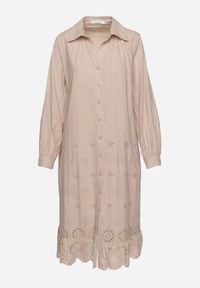Born2be - Beżowa Koszulowa Sukienka z Bawełny Zapinana na Guziki z Materiałowym Paskiem i Koronką Uzilara. Kolor: beżowy. Materiał: bawełna, koronka, materiał. Długość rękawa: długi rękaw. Wzór: koronka. Typ sukienki: koszulowe. Styl: klasyczny #6