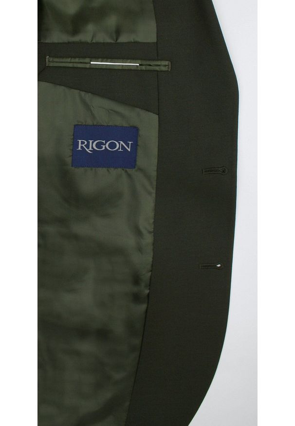 Rigon - Marynarka Zielona, Khaki, Casualowa Taliowana na Dwa Guziki - RIGON. Okazja: na co dzień. Kolor: zielony, brązowy, wielokolorowy. Materiał: elastan, poliester, wiskoza. Wzór: kolorowy. Styl: casual
