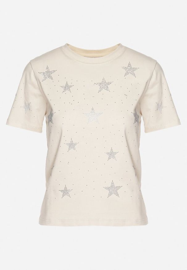 Born2be - Beżowy Bawełniany T-shirt z Cyrkoniowymi Aplikacjami w Gwiazdki Tenivella. Okazja: na co dzień, do pracy, na spotkanie biznesowe. Kolor: beżowy. Materiał: bawełna. Wzór: aplikacja. Styl: casual, elegancki, biznesowy