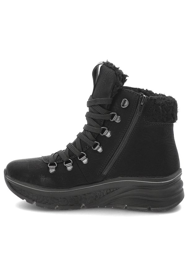 Botki damskie Rieker, antistress na grubej podeszwie ocieplane futerkiem i na suwak, czarne, 48034-00-Black. Okazja: na co dzień. Wysokość cholewki: przed kolano. Zapięcie: sznurówki. Kolor: czarny. Materiał: futro. Szerokość cholewki: normalna. Sezon: zima. Styl: casual, klasyczny, sportowy