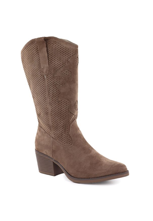 Kozaki damskie ażurowe kowbojki ciemny beż eVento 9450. Kolor: beżowy. Materiał: zamsz, nubuk. Szerokość cholewki: normalna. Wzór: ażurowy