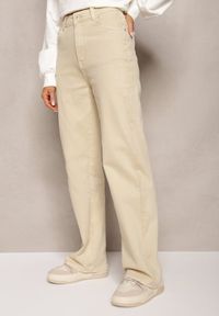 Renee - Jasnobeżowe Szerokie Spodnie High Waist Inthini. Stan: podwyższony. Kolor: beżowy. Styl: elegancki #3