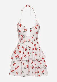 Renee - Biała Sukienka Halter o Rozkloszowanym Kroju z Falbanami w Wisienki Lanelora. Okazja: na co dzień. Typ kołnierza: dekolt halter. Kolor: biały. Materiał: bawełna. Styl: casual #2