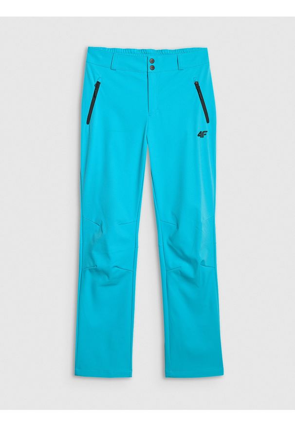 4f - 4F Spodnie trekkingowe softshell membrana 10000 damskie - turkusowe M. Stan: podwyższony. Kolor: turkusowy. Materiał: softshell. Technologia: Primaloft. Sport: turystyka piesza, wspinaczka