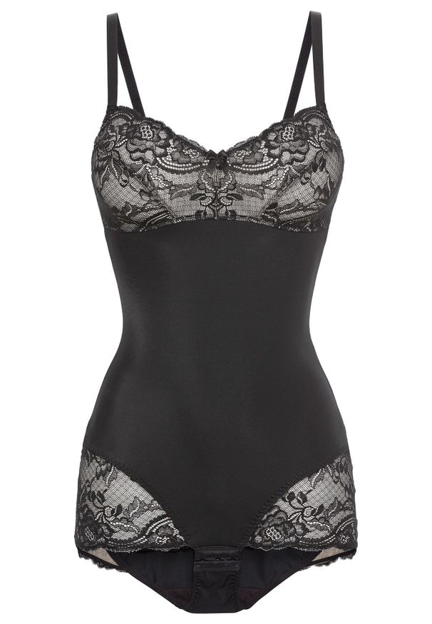 bonprix - Body modelujące z ozdobnymi elementami, średni stopień modelowania sylwetki. Kolor: czarny. Materiał: materiał, koronka