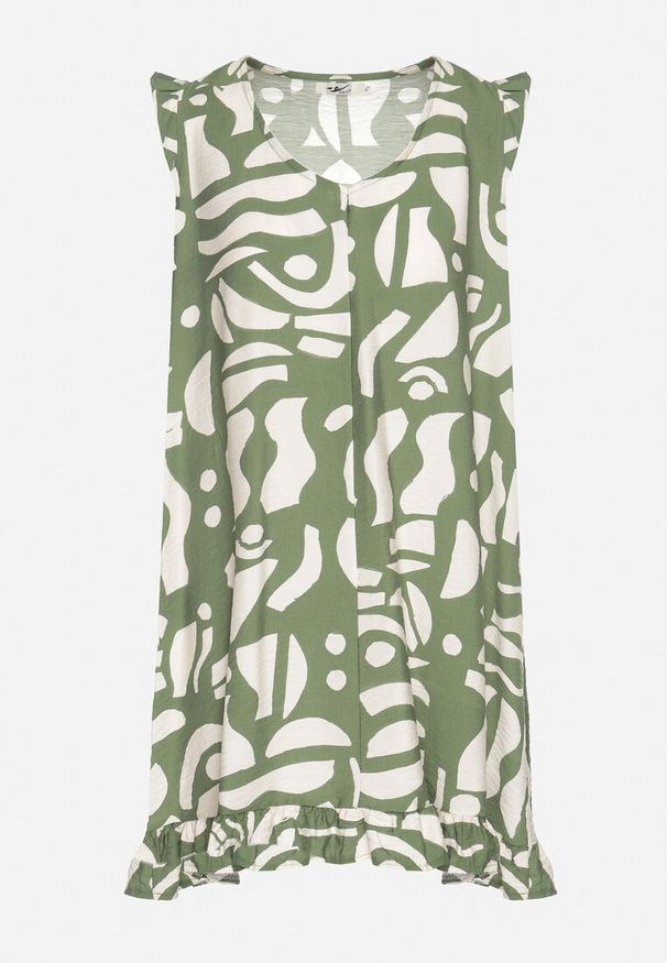 Born2be - Zielona Sukienka o Rozkloszowanym Kroju z Dekoltem w Serek w Abstrakcyjny Wzór Mevondra. Okazja: na co dzień. Typ kołnierza: dekolt w serek. Kolor: zielony. Materiał: jeans, skóra. Długość rękawa: bez rękawów. Styl: elegancki, casual