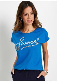 bonprix - Shirt z cekinami. Kolor: niebieski. Wzór: napisy #1