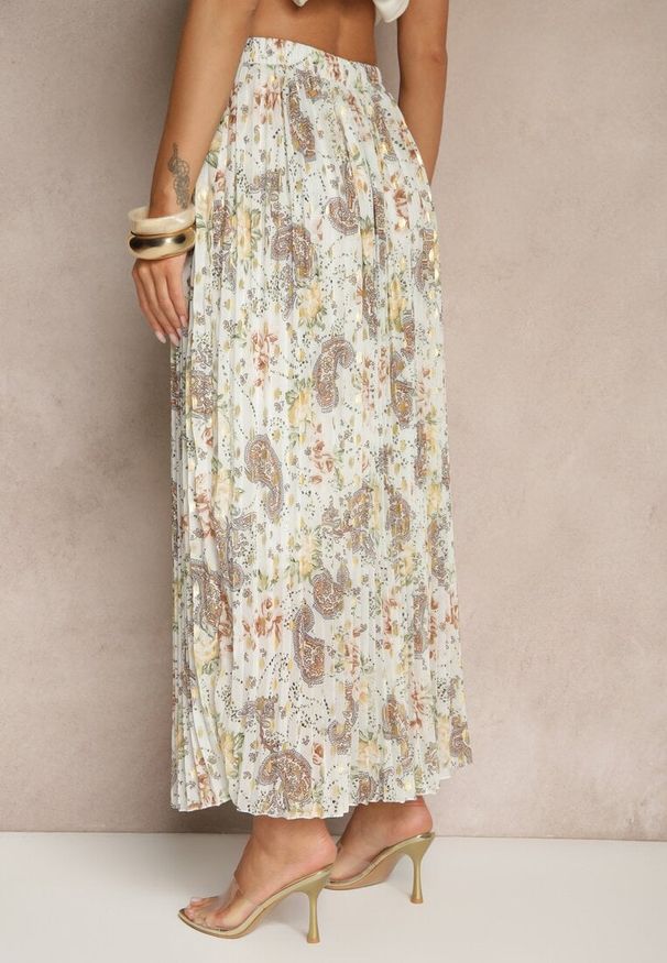 Renee - Zielona Rozkloszowana Spódnica w Kwiatowy Wzór z Plisami i Metalicznym Nadrukiem Follanea. Okazja: na co dzień. Kolor: zielony. Wzór: nadruk, kwiaty. Sezon: wiosna, lato. Styl: casual, elegancki, klasyczny