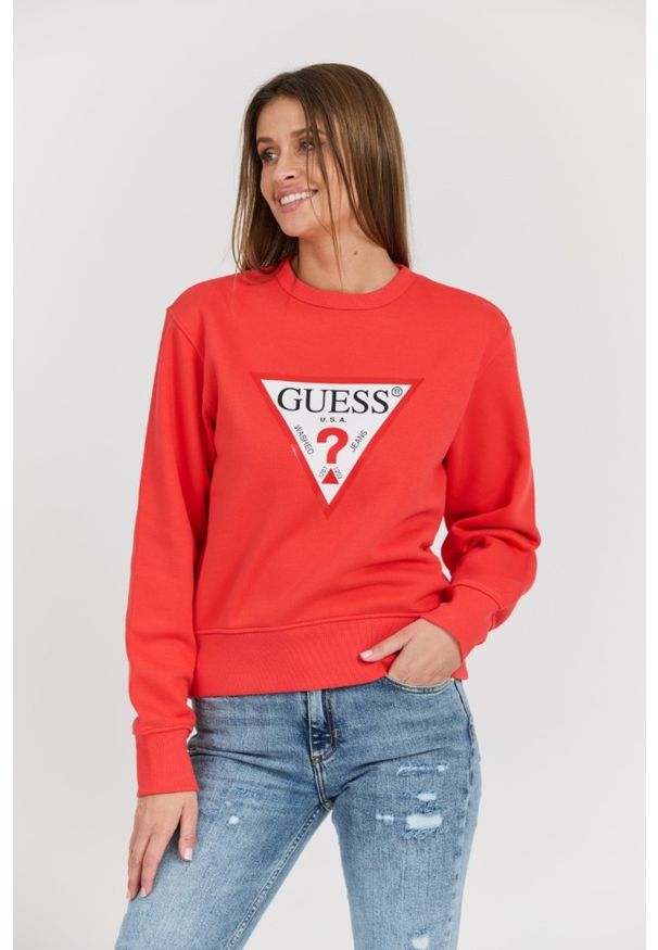 Guess - GUESS Czerwona damska bluza z dużym logo Original Fleece. Okazja: na co dzień. Typ kołnierza: bez kaptura. Kolor: czerwony. Materiał: materiał, poliester, bawełna. Styl: casual