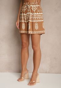 Renee - Brązowe Wiskozowe Szorty High Waist ze Wzorem Boho Lunadora. Okazja: na co dzień. Stan: podwyższony. Kolor: brązowy. Materiał: wiskoza. Sezon: lato. Styl: boho