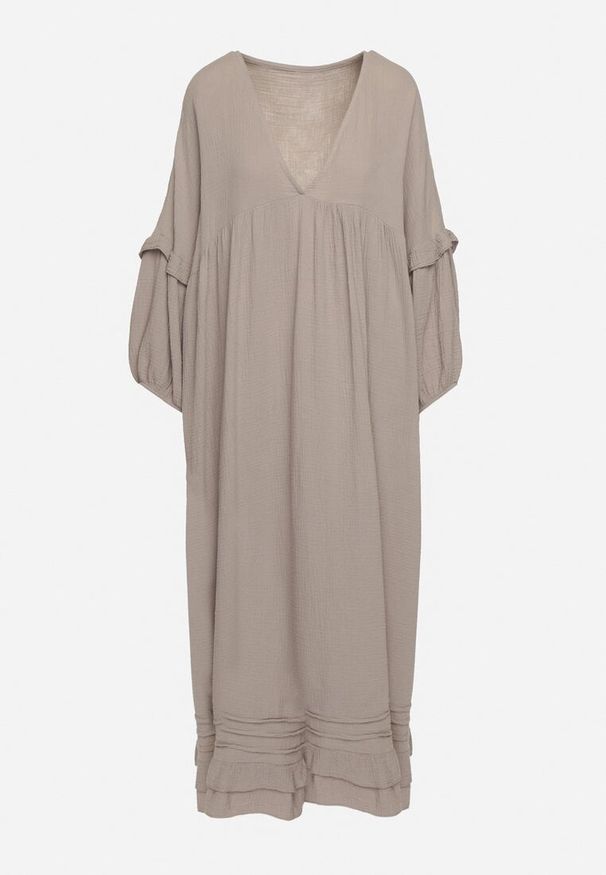 Born2be - Ciemnobeżowa Bawełniana Muślinowa Sukienka Ozdobiona Falbanką Perisea. Okazja: na co dzień. Typ kołnierza: dekolt w kształcie V. Kolor: beżowy. Materiał: bawełna. Wzór: aplikacja. Typ sukienki: proste. Styl: casual