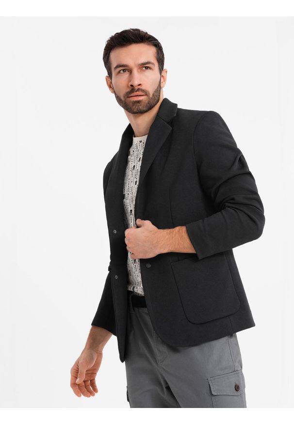 Ombre Clothing - Marynarka męska z podpinką z wysokim kołnierzem i kapturem – czarna V2 OM-BLZB-0133 - XXL. Typ kołnierza: kaptur. Kolor: niebieski. Materiał: syntetyk, poliester, dzianina, materiał. Wzór: aplikacja. Styl: elegancki