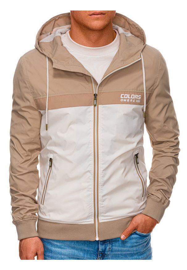 Beżowa kurtka Ombre Clothing na wiosnę, z kapturem, z nadrukiem
