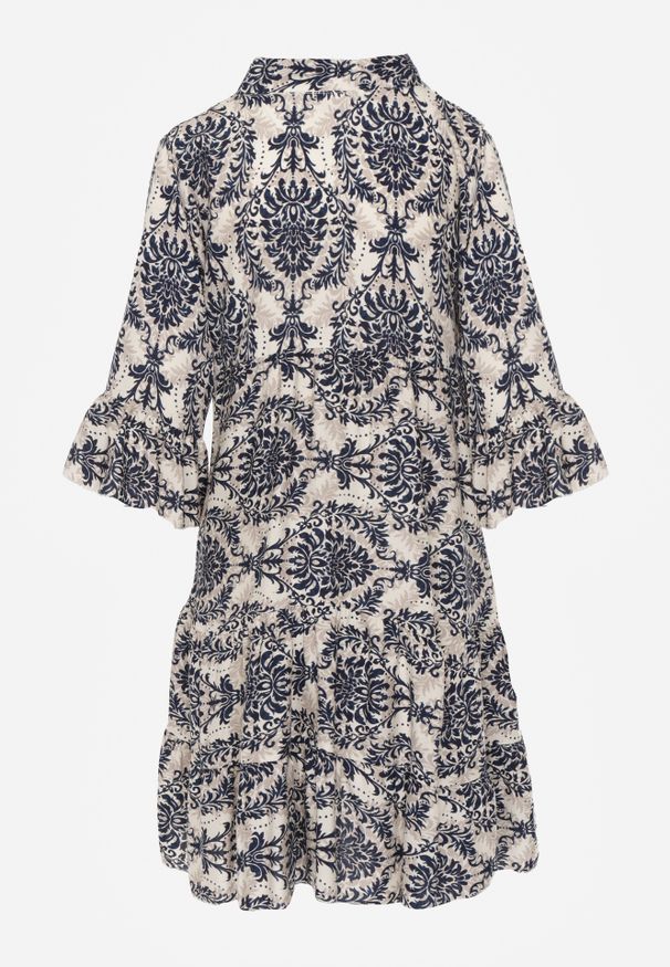 Renee - Granatowo-Beżowa Sukienka z Bawełny o Rozkloszowanym Kroju Wykończona Falbanką Niloa. Typ kołnierza: kołnierz z falbankami. Kolor: niebieski. Materiał: bawełna. Sezon: wiosna, lato. Typ sukienki: rozkloszowane. Styl: elegancki