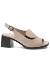 Sandały damskie Vinceza, cholewka ze skóry naturalnej licowej odkryty przód elegancki fason stabilny obcas, beżowe, 66920. Kolor: beżowy. Materiał: skóra. Obcas: na obcasie. Styl: elegancki. Wysokość obcasa: średni #6