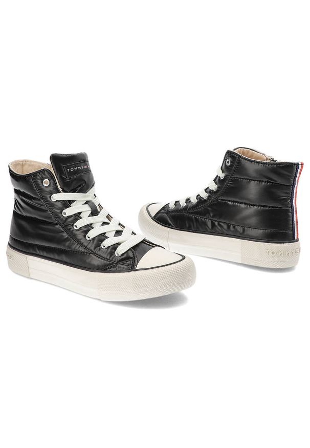 TOMMY HILFIGER - Czarne Trampki Tommy Hilfiger Modne Pikowane Buty Damskie. Okazja: na spacer. Kolor: czarny. Materiał: skóra ekologiczna, materiał. Szerokość cholewki: normalna. Wzór: aplikacja