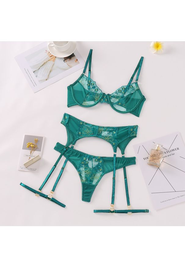 Intica - Komplet koronkowej bielizny z pasem na specjalne okazje Delia. Kolor: zielony. Materiał: koronka. Wzór: koronka