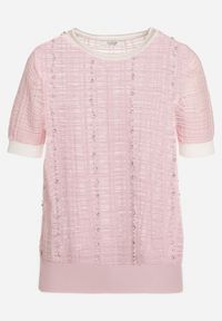 Born2be - Różowa Bluzka z Wiskozy Ozdobiona Cyrkoniami i Perłami Eioratia. Kolor: różowy. Materiał: wiskoza. Wzór: aplikacja. Styl: elegancki