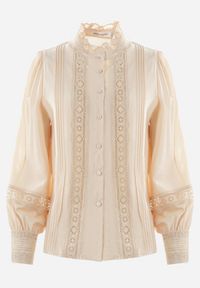 Born2be - Jasnobeżowa Koszula ze Stójką i Koronką Argochis. Typ kołnierza: kołnierzyk stójkowy. Kolor: beżowy. Materiał: koronka. Wzór: koronka #3