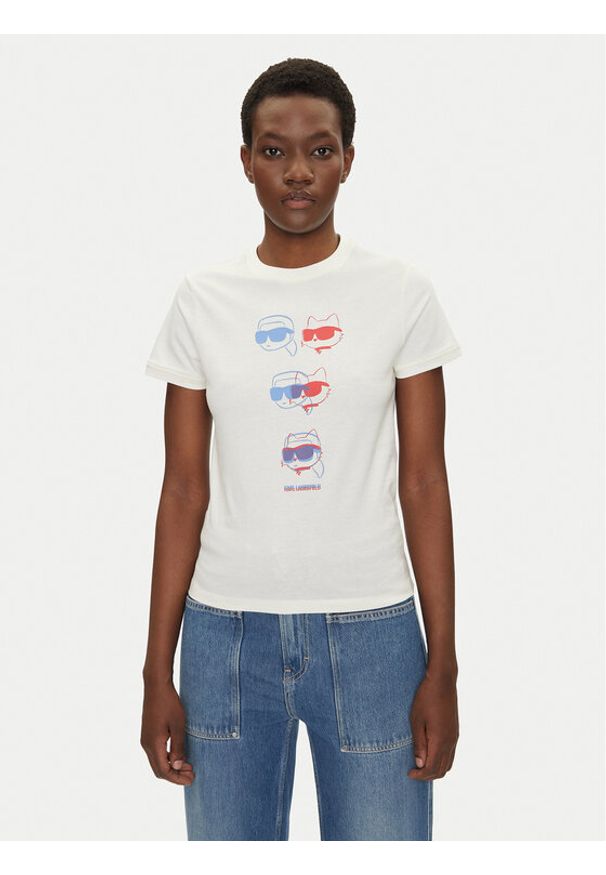 Karl Lagerfeld - KARL LAGERFELD T-Shirt A2W17112 Écru Regular Fit. Typ kołnierza: dekolt w karo. Materiał: bawełna