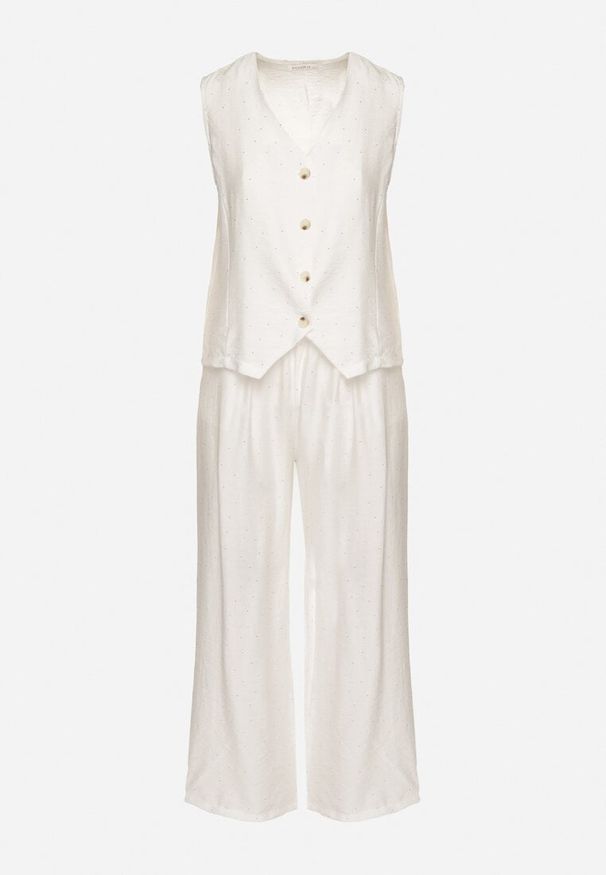 Born2be - Biały Komplet Garniturowy z Lnem Zdobiony Cyrkoniami Kamizelka i Spodnie Rederose. Kolor: biały. Materiał: len. Wzór: aplikacja