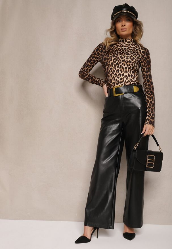 Renee - Czarne Spodnie o Szerokim Kroju High Waist z Ekoskóry Ozdobione Paskiem Enavilith. Okazja: na co dzień. Stan: podwyższony. Kolor: czarny. Wzór: aplikacja. Styl: elegancki, casual