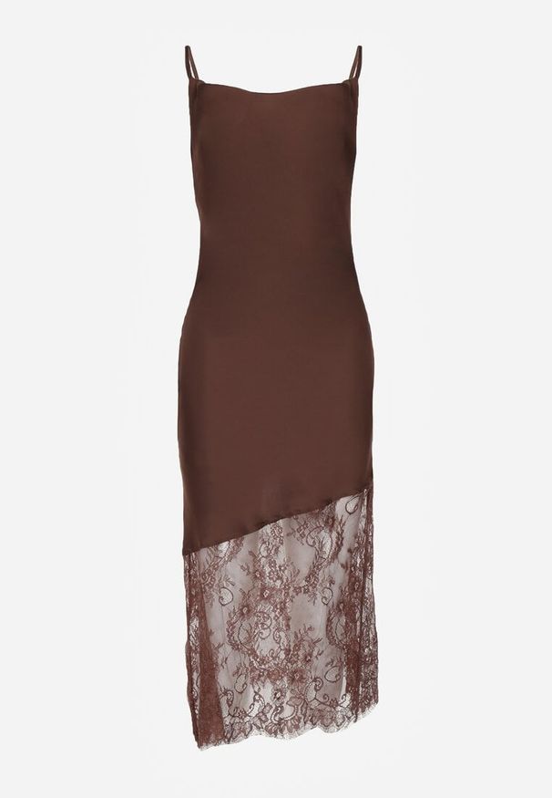 Born2be - Brązowa Koktajlowa Sukienka z Satyny Ozdobiona Koronką Palinca. Okazja: na imprezę, na co dzień. Kolor: brązowy. Materiał: satyna, koronka. Długość rękawa: na ramiączkach. Wzór: aplikacja, koronka. Styl: wizytowy