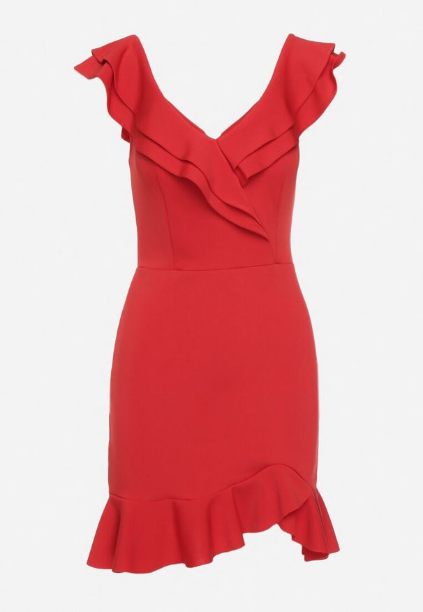 Born2be - Czerwona Kopertowa Sukienka z Falbankami i Dekoltem w Serek Dlina. Okazja: na co dzień. Typ kołnierza: dekolt w serek, kołnierz z falbankami. Kolor: czerwony. Długość rękawa: krótki rękaw. Wzór: aplikacja. Typ sukienki: kopertowe. Styl: casual, elegancki