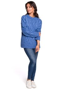 BE Knit - Sweter damski wełniany luźny fason ciepły puszysty niebieski. Kolekcja: plus size. Kolor: niebieski. Materiał: wełna. Długość rękawa: długi rękaw. Długość: długie. Wzór: ze splotem. Sezon: jesień, zima. Styl: klasyczny #2