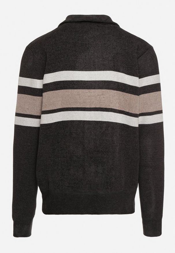 Born2be - Czarno-Brązowy Kardigan z Wełną na Suwak w Paski Ettessa. Okazja: na co dzień. Typ kołnierza: kołnierzyk stójkowy. Kolor: czarny. Materiał: wełna. Wzór: paski. Styl: sportowy, klasyczny, casual, elegancki