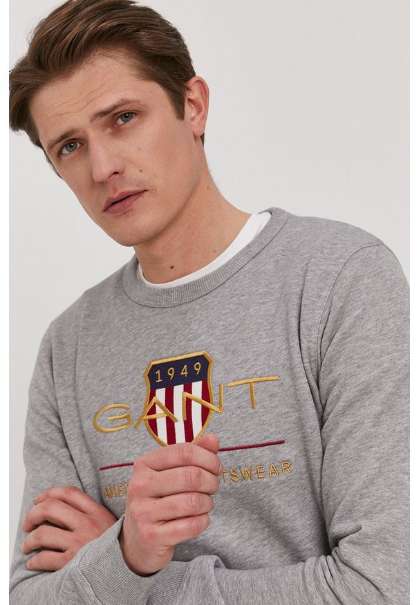 GANT - Gant Bluza męska kolor szary z aplikacją. Okazja: na co dzień. Kolor: szary. Wzór: aplikacja. Styl: casual