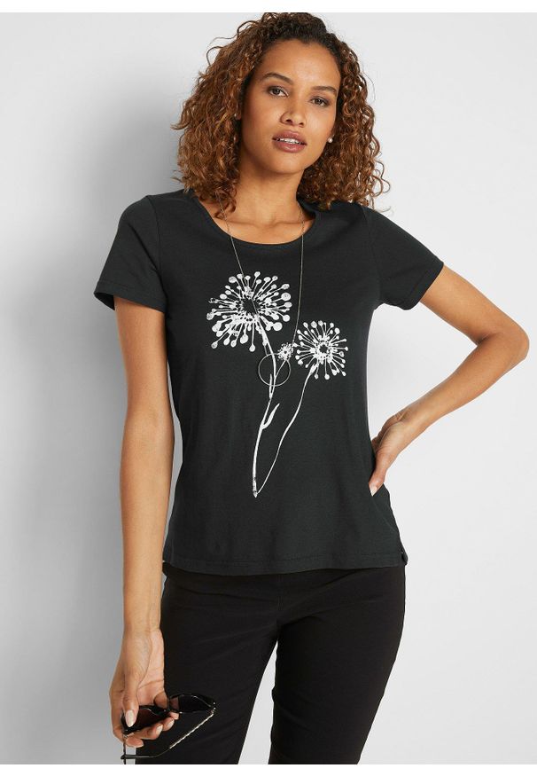 bonprix - T-shirt. Kolor: czarny. Wzór: nadruk, kwiaty