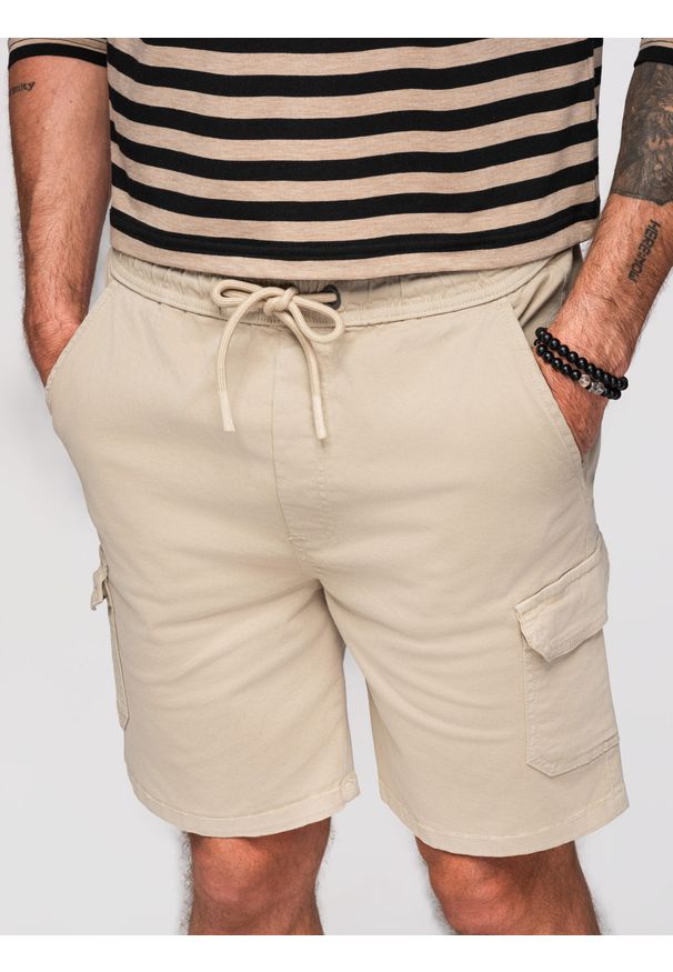 Ombre Clothing - Spodenki męskie bawełniane cargo z elastycznym pasem – beżowe V3 - Rozmiar: XL. Okazja: na co dzień. Kolor: beżowy. Materiał: bawełna. Sezon: lato. Styl: casual