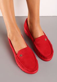 Born2be - Czerwone Mokasyny na Delikatnej Platformie ze Skórzaną Wkładką Xanulla. Nosek buta: okrągły. Kolor: czerwony. Materiał: skóra. Obcas: na platformie. Styl: klasyczny. Wysokość obcasa: niski #5