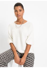 bonprix - Sweter oversize w prążek, z materiału z domieszką wiskozy. Kolor: biały. Materiał: wiskoza, materiał. Wzór: prążki