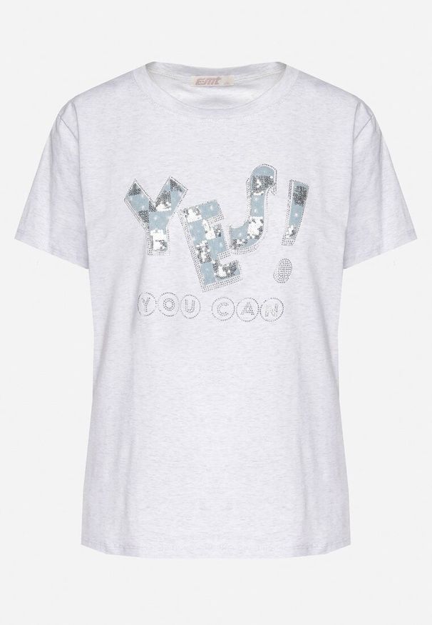 Born2be - Jasnoszary T-shirt z Bawełny Ozdobiony Cekinami i Cyrkoniami Camiren. Okazja: na co dzień. Kolor: szary. Materiał: bawełna. Wzór: aplikacja. Styl: casual, elegancki