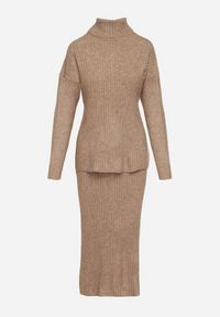 Born2be - Ciemnobeżowy Komplet Dzianinowy z Wełną Sweter z Golfem i Ołówkowa Spódnica Falovira. Kolor: beżowy. Materiał: dzianina, wełna. Sport: golf #3