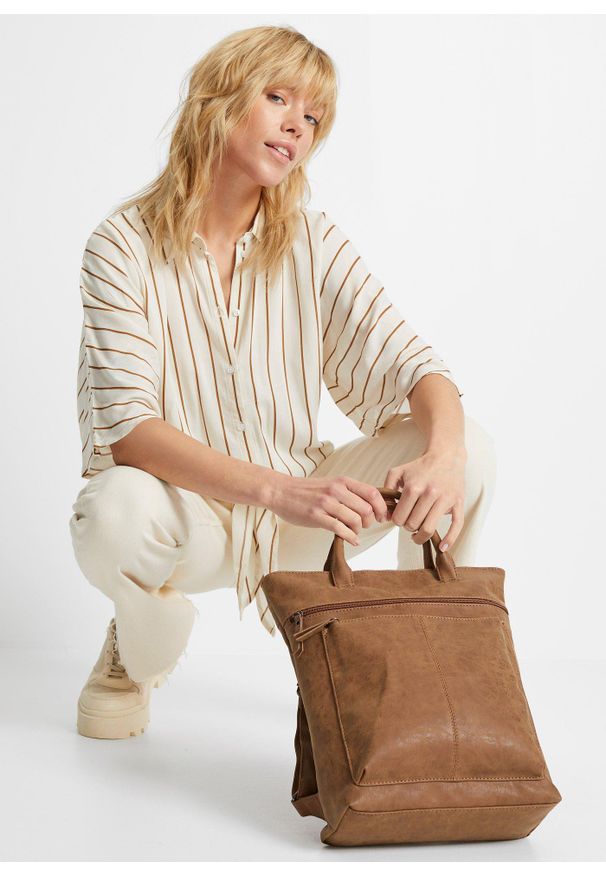 bonprix - Plecak z kieszeniami na zewnątrz. Kolor: brązowy. Materiał: skórzane. Styl: casual