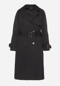 Born2be - Czarny Płaszcz w Stylu Trencza Ozdobiony Paskiem z Klamrą Ninellira. Kolor: czarny. Materiał: jeans. Długość rękawa: długi rękaw. Długość: długie. Wzór: aplikacja. Styl: klasyczny, elegancki #4