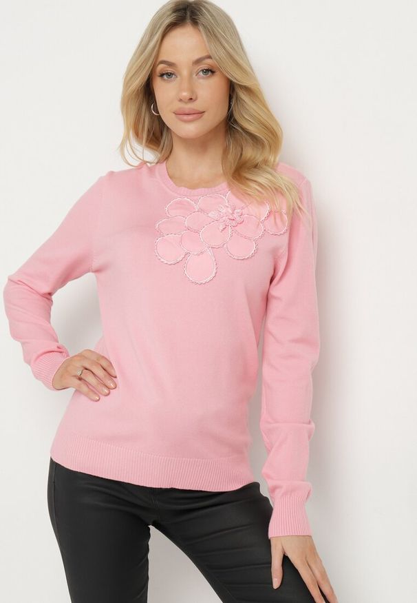 Born2be - Różowy Sweter z Wiskozą Modalem i Aplikacjami 3D Esalttia. Okazja: na co dzień. Kolor: różowy. Materiał: wiskoza. Wzór: aplikacja. Sezon: zima, jesień. Styl: elegancki, casual