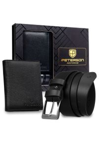 Zestaw prezentowy: skórzany, pionowy portfel męski w czarnym kolorze z systemem RFID i pasek ze skóry ekologicznej - Peterson. Kolor: czarny. Materiał: skóra ekologiczna #1
