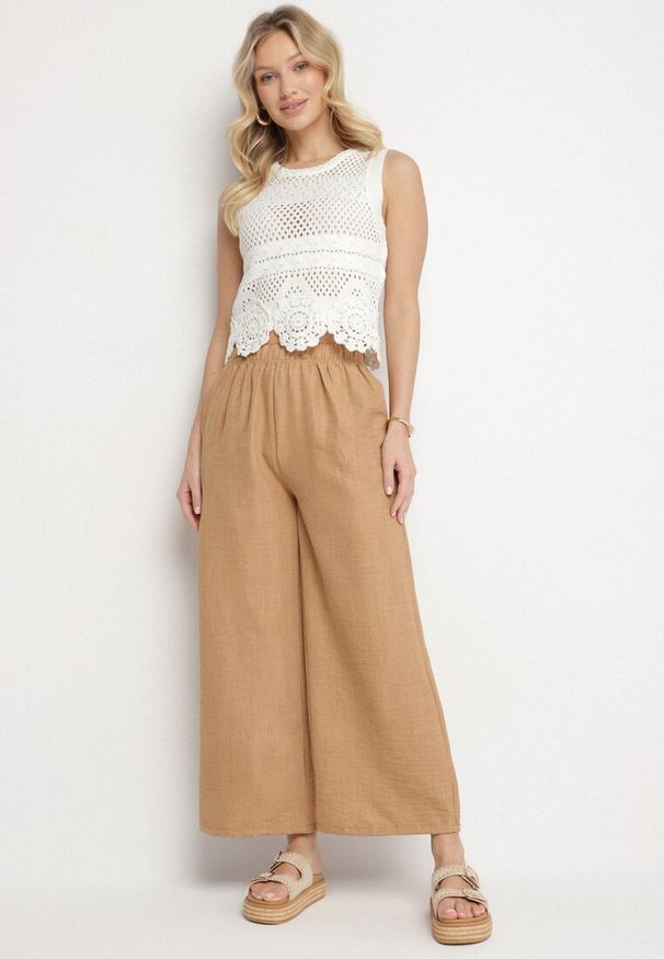 Born2be - Ciemnobeżowe Szerokie Spodnie Palazzo z Wysokim Stanem Aranwenna. Okazja: na spacer, na co dzień. Stan: podwyższony. Kolor: beżowy. Styl: casual, elegancki