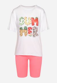 Born2be - Różowo-Biały Komplet z T-shirtem i Szortami Typu Kolarki Tiimavee. Kolor: różowy. Materiał: dzianina #4