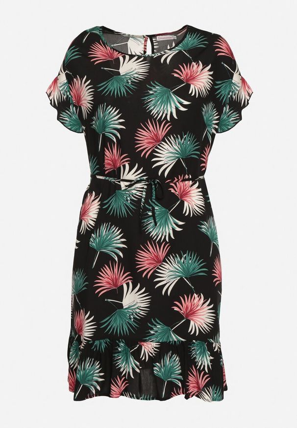 Born2be - Czarno-Zielona Bawełniana Sukienka z Florystycznym Motywem i Wiązaniem w Talii Rissani. Okazja: na randkę. Kolor: czarny. Materiał: bawełna. Sezon: lato