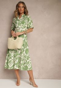 Renee - Zielona Rozkloszowana Sukienka z Wiskozy Ozdobiona Falbaną Filesenia. Kolor: zielony. Materiał: wiskoza. Wzór: aplikacja. Styl: elegancki #4