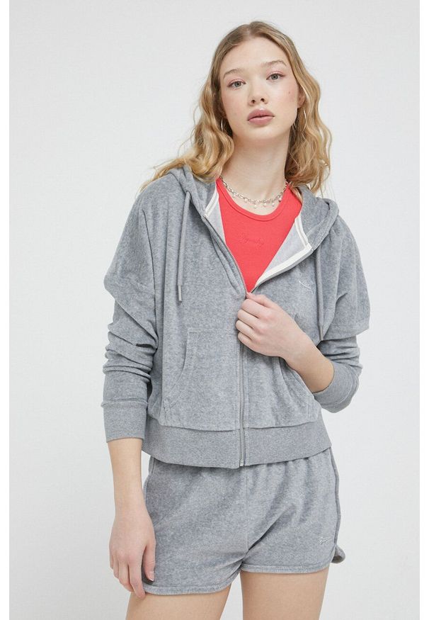 Superdry bluza damska kolor szary z kapturem gładka. Typ kołnierza: kaptur. Kolor: szary. Materiał: włókno, dzianina, materiał. Wzór: gładki